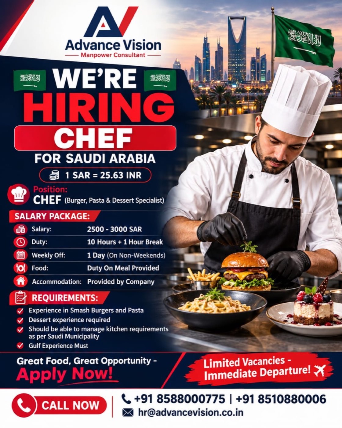 Job poster: Chef (Burger, Pasta & Dessert Specialist) in Saudi Arabia