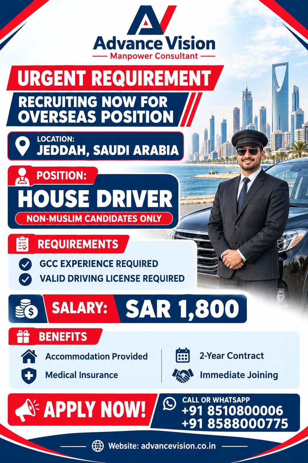 Job poster: HOUSE DRIVER - Urgent Requirement For Jeddah, Saudi Arabia in Jeddah, Saudi Arabia