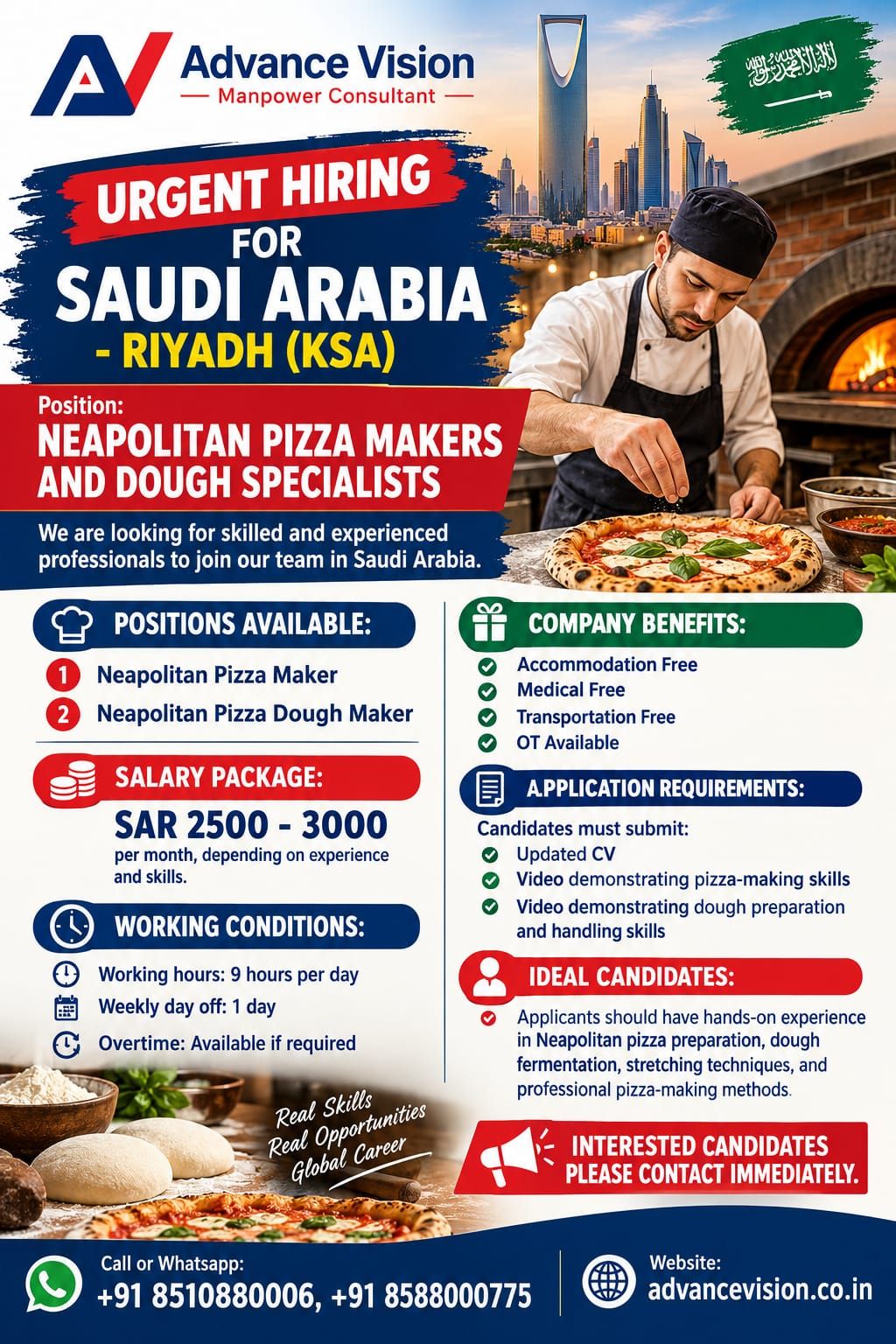 Job poster: NEAPOLITAN PIZZA MAKER & DOUGH SPECIALIST – Urgent Hiring for Saudi Arabia in Riyadh, Saudi Arabia